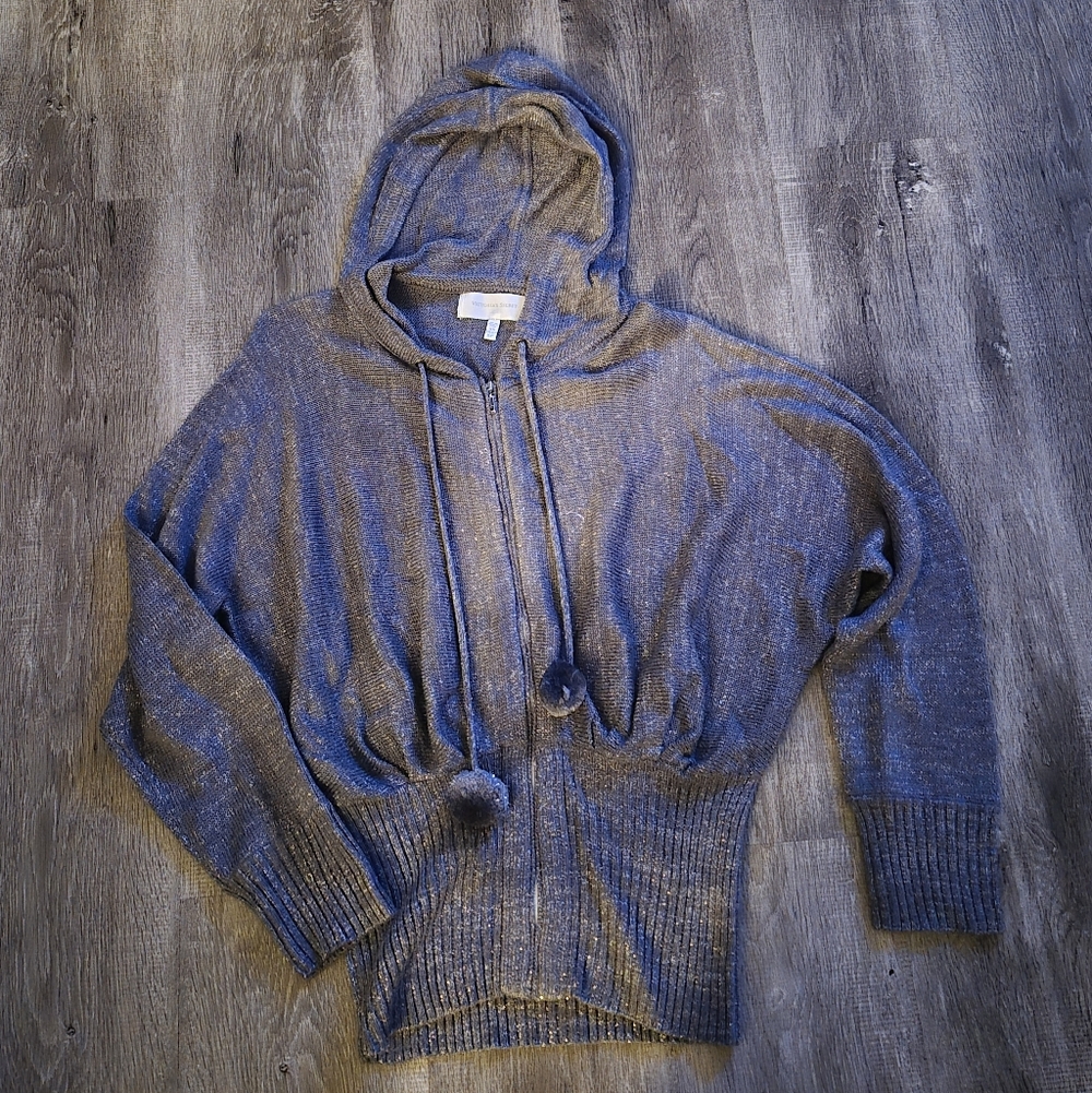 Victoria's Secret Gray Hooded Zip-Up Sweater with Pom Pom Drawstrings